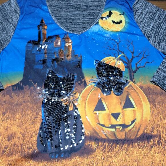 Onque Casual LS Halloween Sweater Sequin Black Cats & Pumpkins - Size 2X - Picture 2 of 5